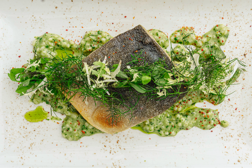 Bärlauchgraupen, Saibling, Kräutersalat